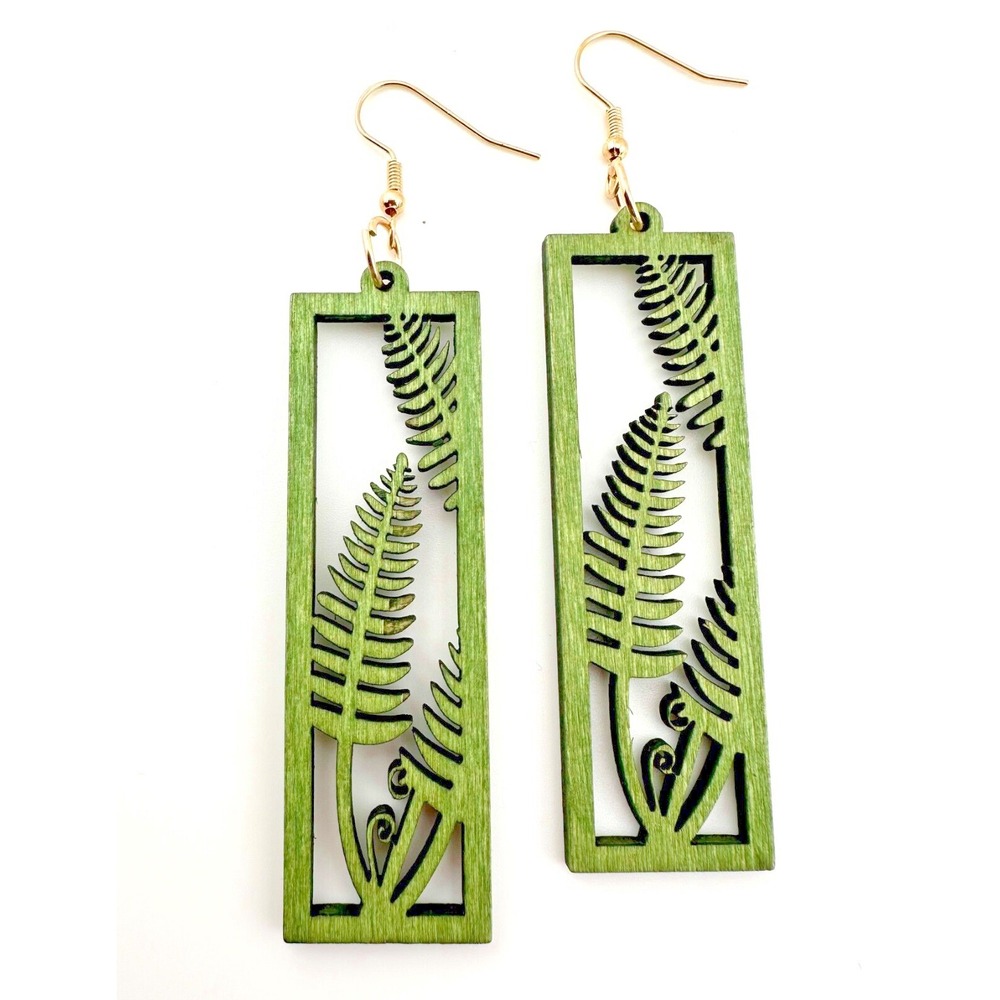 Green Fern‎ Bar Earrings Stained Wood NEW